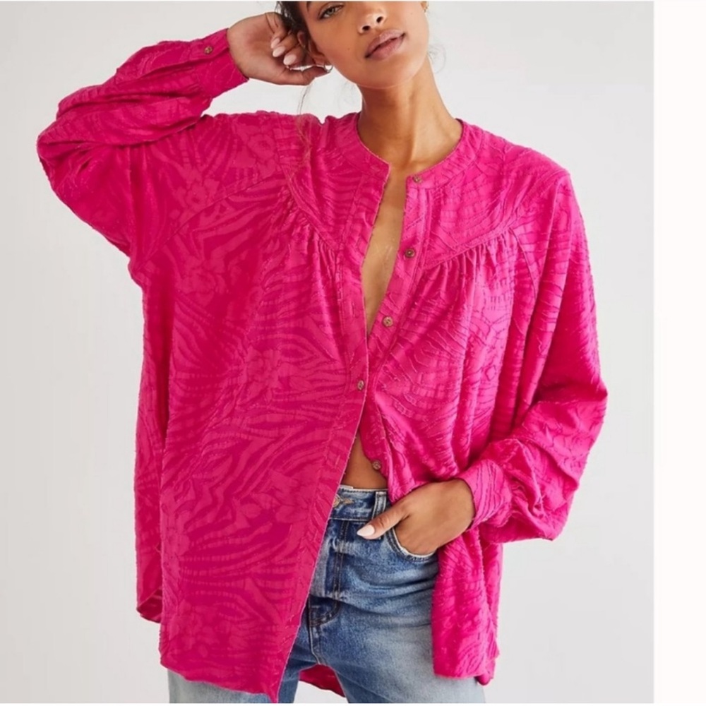 Free People Can’t Stop Dreaming Magenta Button Down Blouse Size Medium